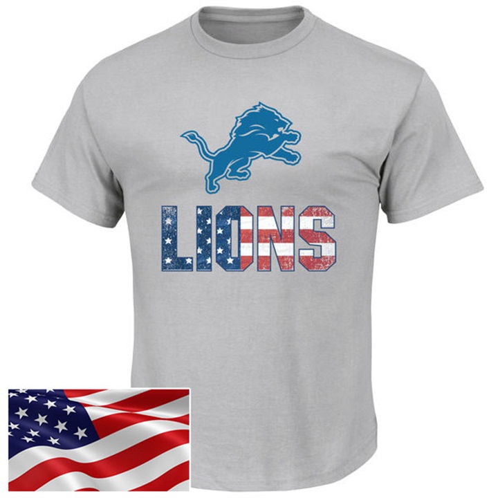 Detroit Lions Gray Banner Wave Majestic Independence Day Star & Stripes T-Shirt