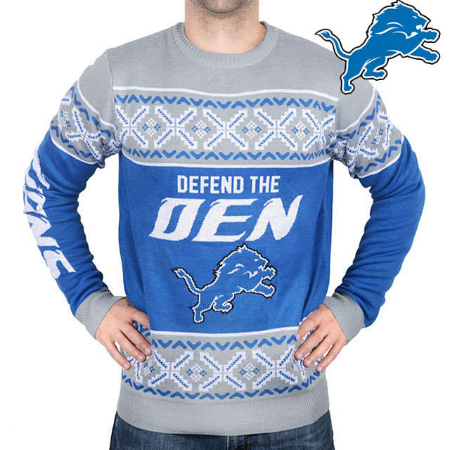 Detroit Lions Klew Blue & Gray Slogan Crew Knit Ugly Sweater