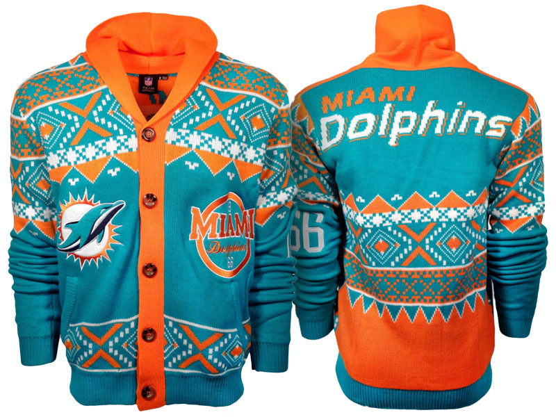 Miami Dolphins Aqua/Orange 2016 Christmas Ugly Sweater Holiday Cardigan