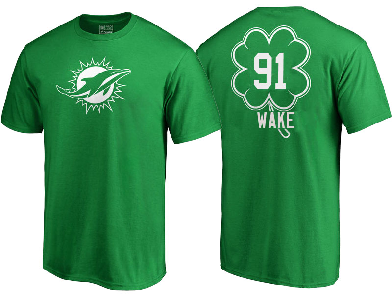 Miami Dolphins #91 Cameron Wake Kelly Green St. Patrick's Day Name & Number T-Shirt