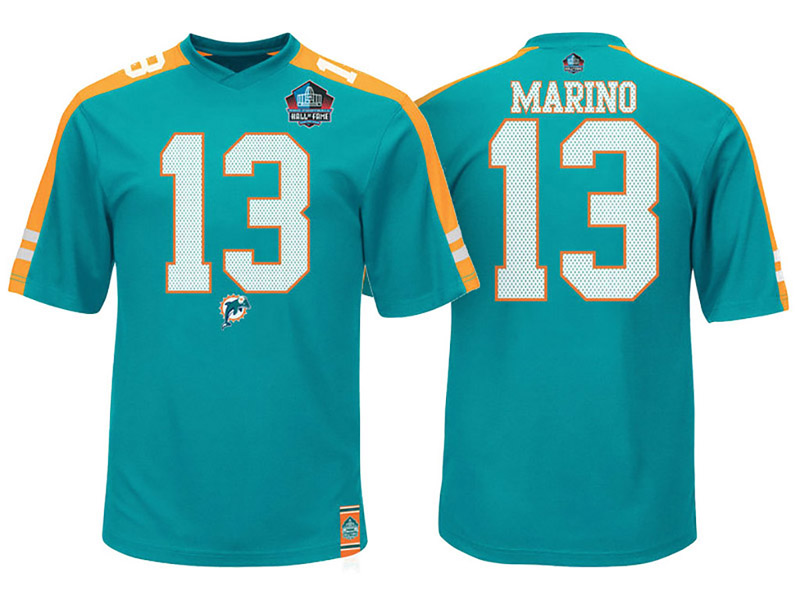 Miami Dolphins #13 Dan Marino Aqua Hall of Fame Hashmark Player Name & Number T-Shirt