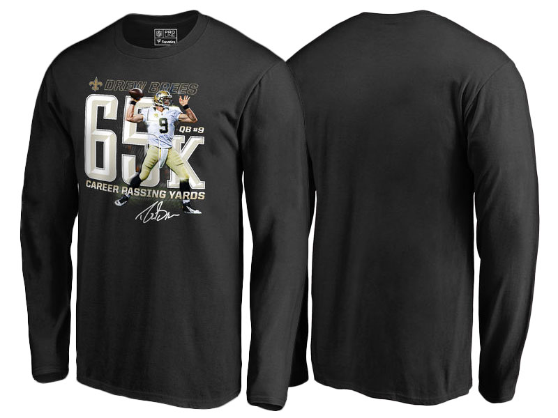 New Orleans Saints Drew Brees Black 65,000 Career Passing Yards Long Sleeve T-Shirt