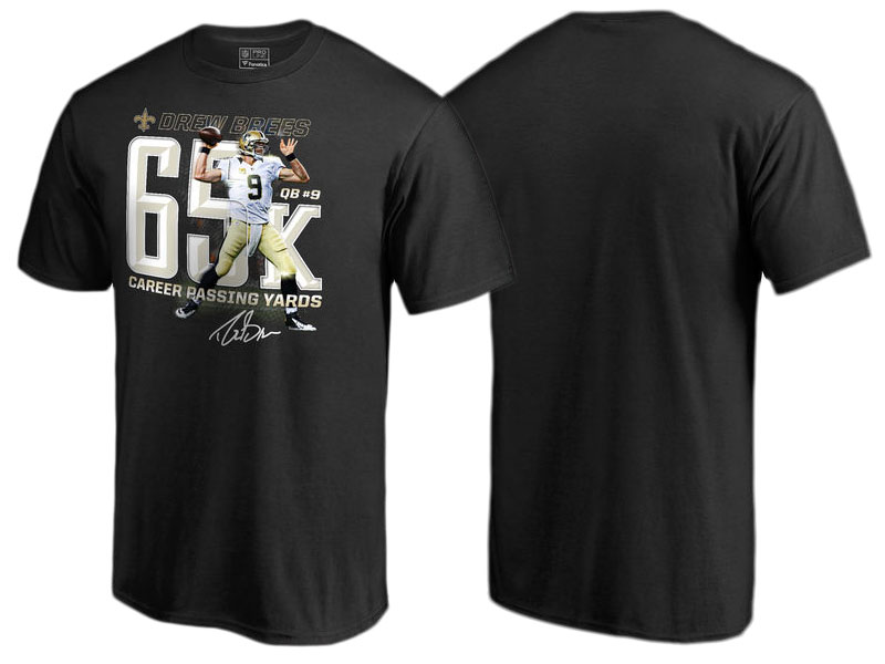 New Orleans Saints Drew Brees Black 65,000 Career Passing Yards T-Shirt