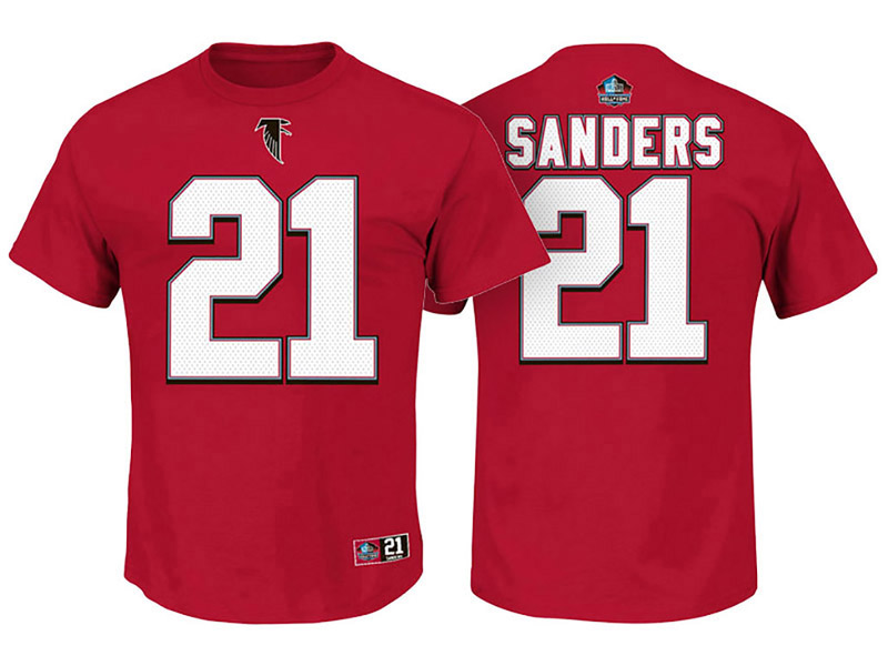 Atlanta Falcons #21 Deion Sanders Red Hall of Fame Eligible Receiver II Name & Number T-Shirt