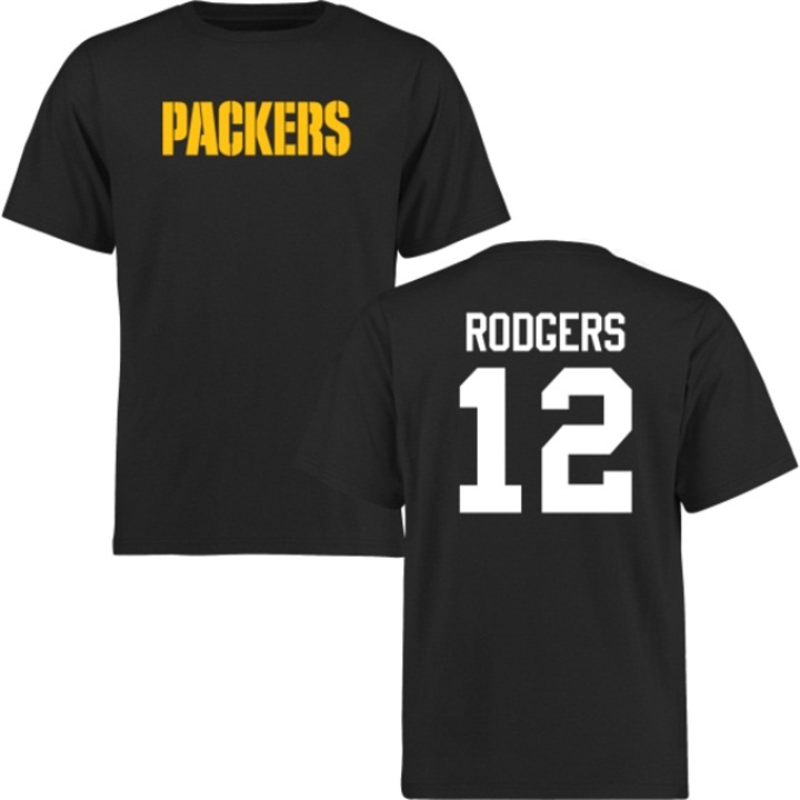 Green Bay Packers #12 Aaron Rodgers Black Name & Number Wordmark T-shirt