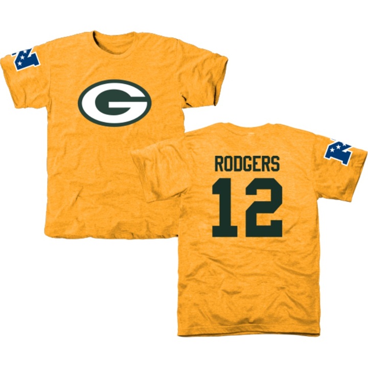 Green Bay Packers #12 Aaron Rodgers Gold Name & Number Tri-Blend T-shirt