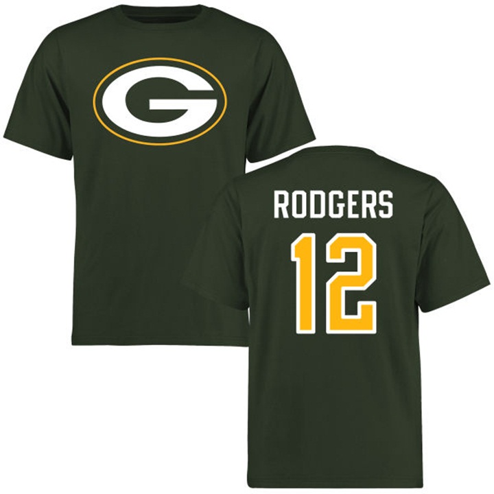 Green Bay Packers #12 Aaron Rodgers Name & Number Green Logo T-shirt