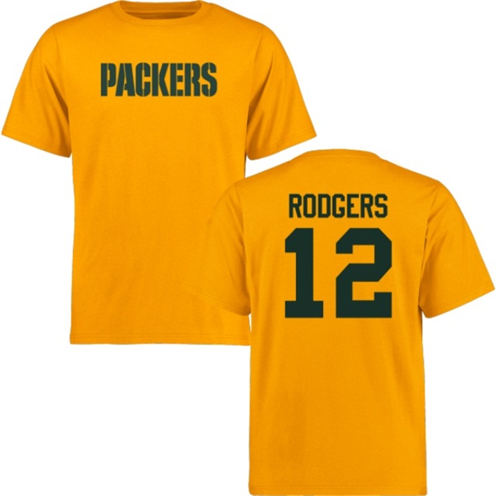 Green Bay Packers #12 Aaron Rodgers Yellow Name & Number Wordmark T-shirt