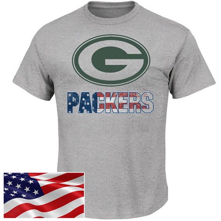 Green Bay Packers Gray Banner Wave Majestic Independence Day Star & Stripes T-Shirt