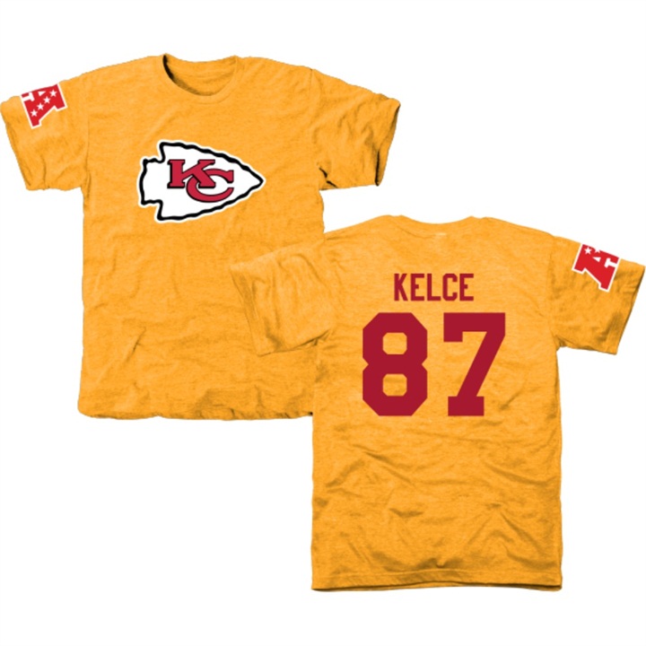 Kansas City Chiefs #87 Travis Kelce Gold Name & Number Tri-Blend T-shirt