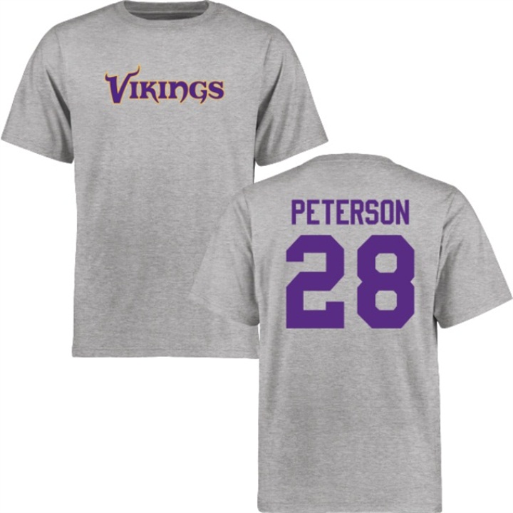 Minnesota Vikings #28 Adrian Peterson Ash Name & Number Wordmark T-shirt