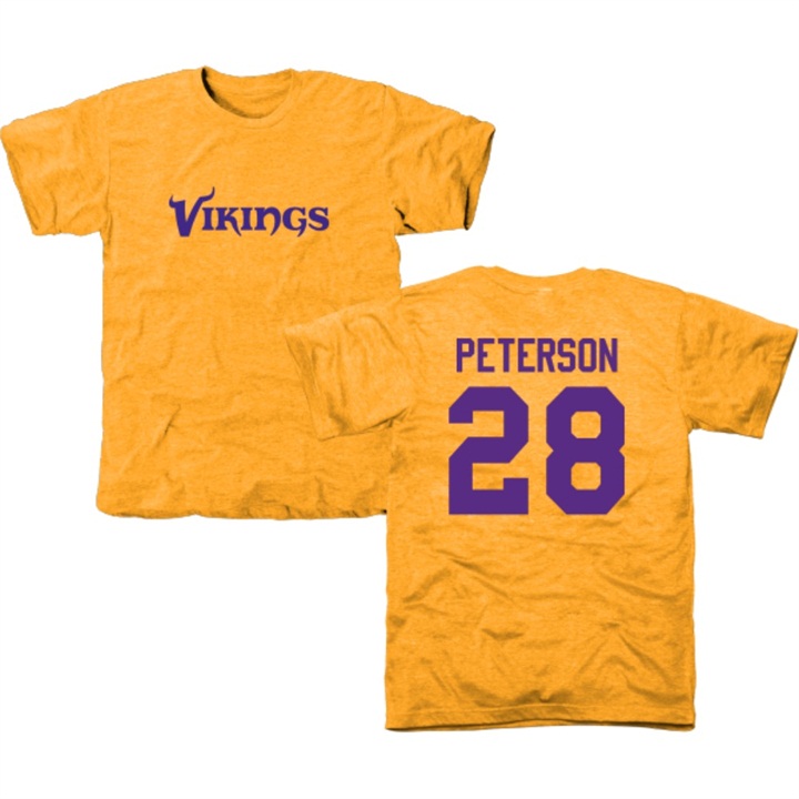 Minnesota Vikings #28 Adrian Peterson Gold Name & Number Tri-Blend T-shirt