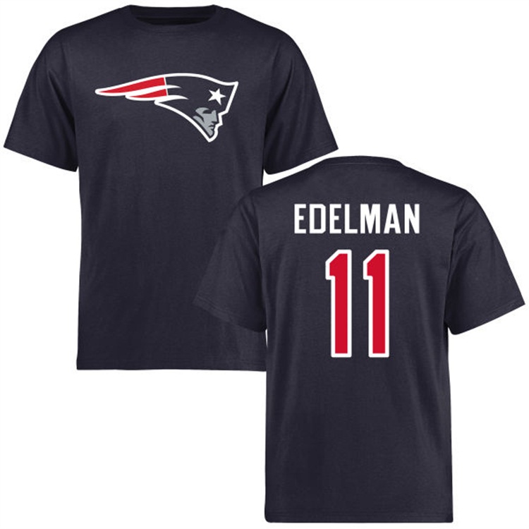 New England Patriots #11 Julian Edelman Name & Number Navy Logo T-shirt