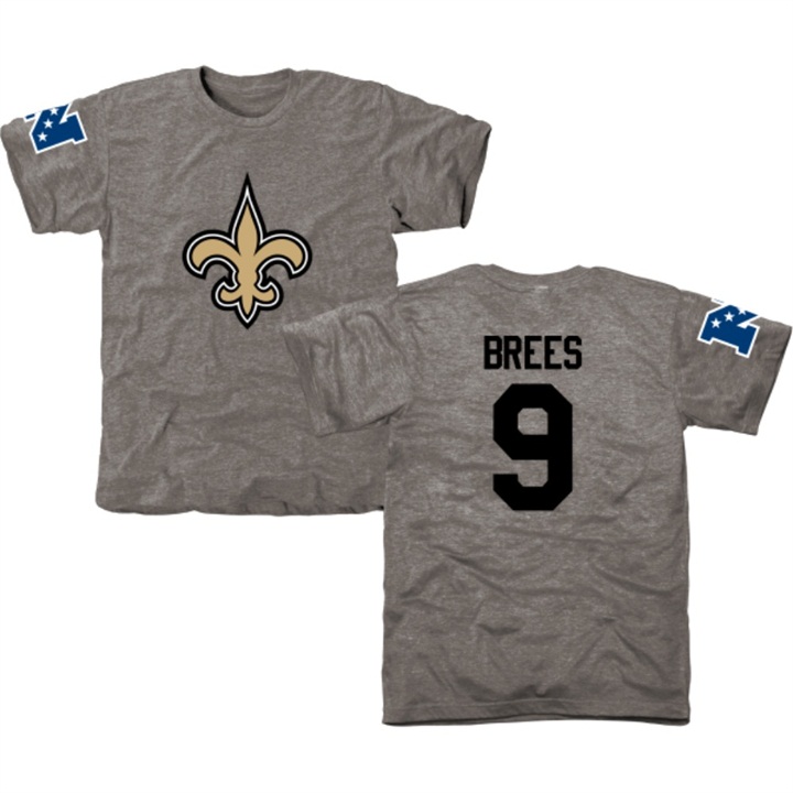 New Orleans Saints #9 Drew Brees Gray Name & Number Tri-Blend T-shirt