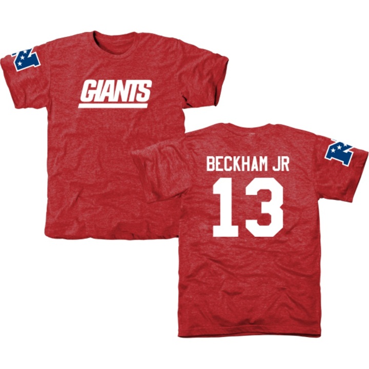 New York Giants #13 Odell Beckham Jr Red Name & Number Tri-Blend T-shirt