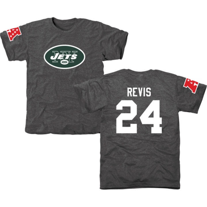 New York Jets #24 Darrelle Revis Charcoal Name & Number Tri-Blend T-shirt