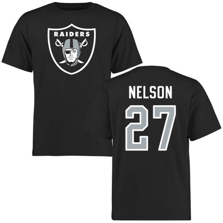 Oakland Raiders #27 Reggie Nelson Black Name & Number Logo T-shirt