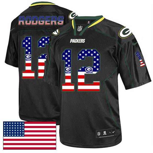 Green Bay Packers #12 Aaron Rodgers Black USA Flag Fashion Jersey