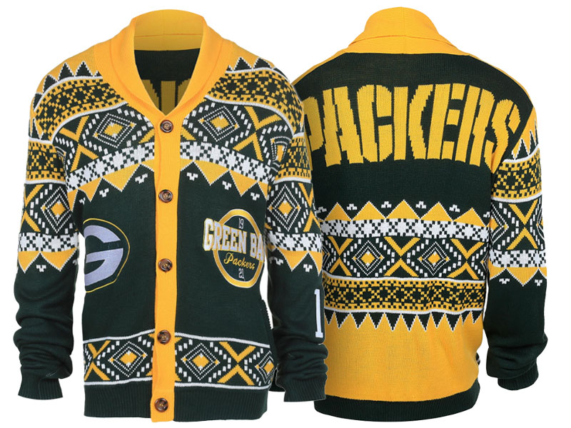 2016 Christmas Day Green Bay Packers Green/Yellow Ugly Sweater Holiday Cardigan