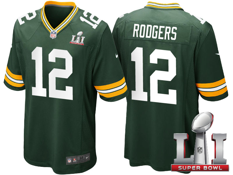 Green Bay Packers #12 Aaron Rodgers Green 2017 Super Bowl LI Patch Game Jersey