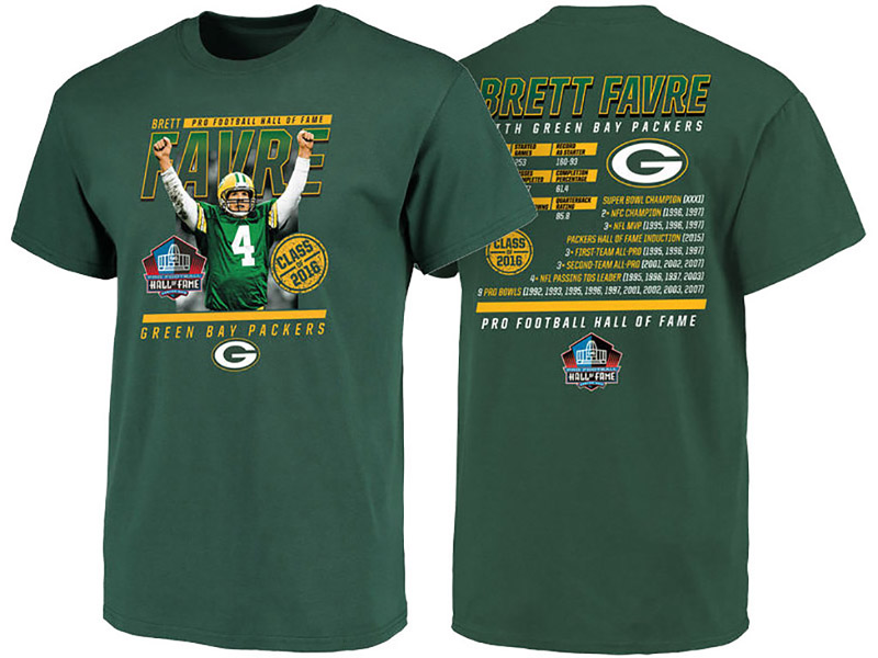 Green Bay Packers Brett Favre Green Hall of Fame Achievement Name & Number T-Shirt