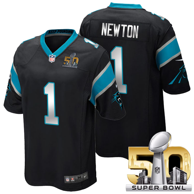 Carolina Panthers #1 Cam Newton Black 2016 Super Bowl 50 Silver Jersey