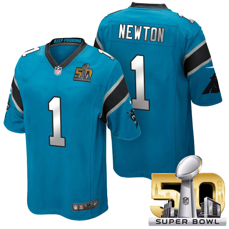 Carolina Panthers #1 Cam Newton Blue 2016 Super Bowl 50 Silver Jersey