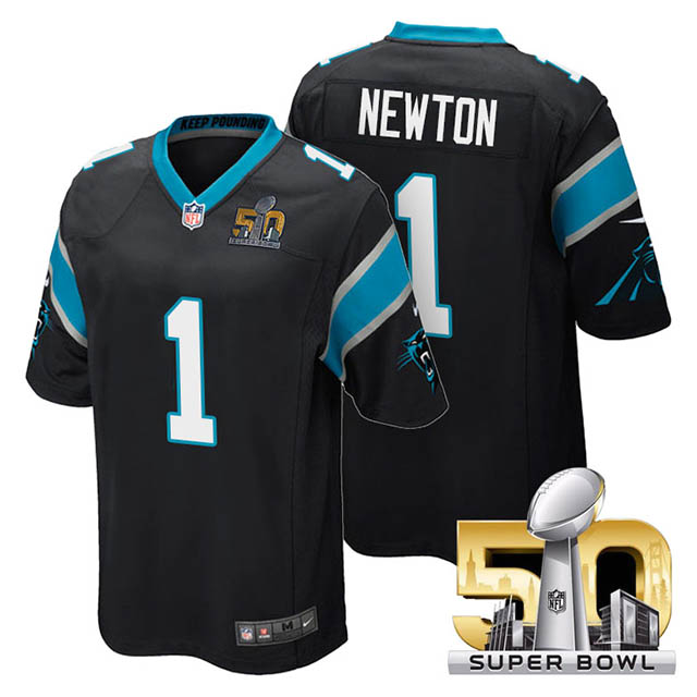 Youth Carolina Panthers #1 Cam Newton Black 2016 Super Bowl 50 Game Jersey