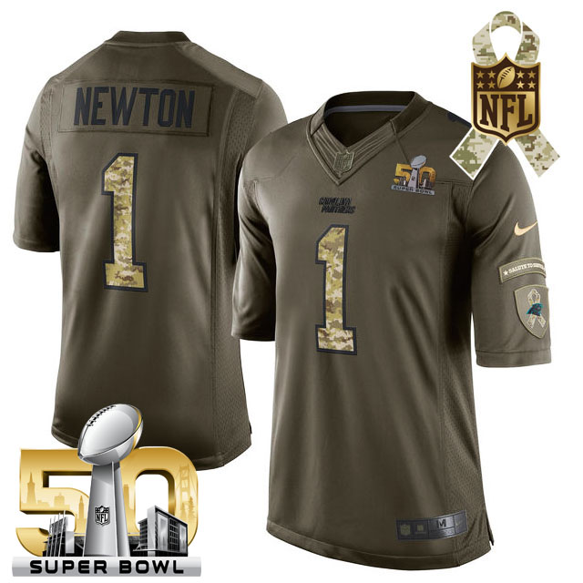 Super Bowl 50 Carolina Panthers #1 Cam Newton Green Salute To Service Limited Jersey