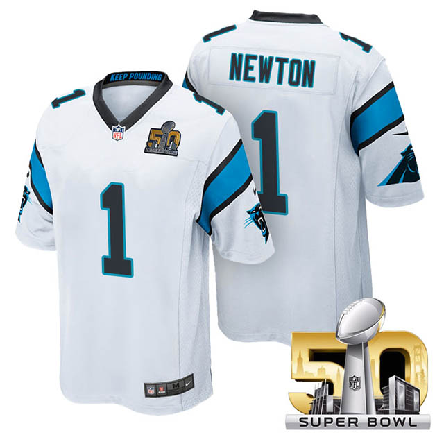 Youth Carolina Panthers #1 Cam Newton White 2016 Super Bowl 50 Game Jersey