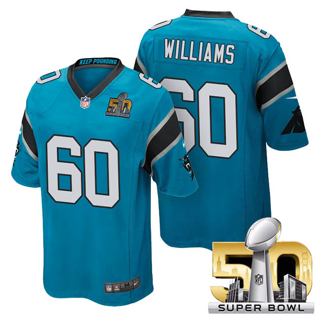 Youth Carolina Panthers #60 Daryl Williams Blue 2016 Super Bowl 50 Game Jersey