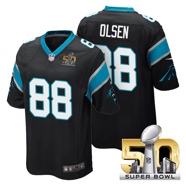 Youth Carolina Panthers #88 Greg Olsen Black 2016 Super Bowl 50 Game Jersey