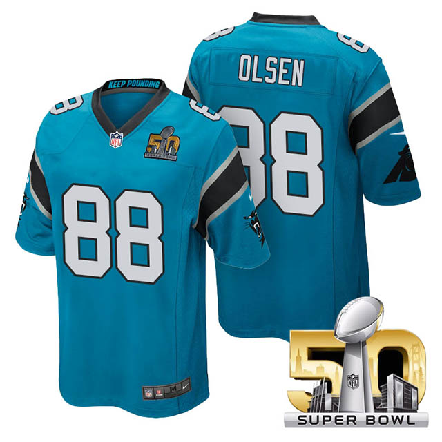 Youth Carolina Panthers #88 Greg Olsen Blue 2016 Super Bowl 50 Game Jersey