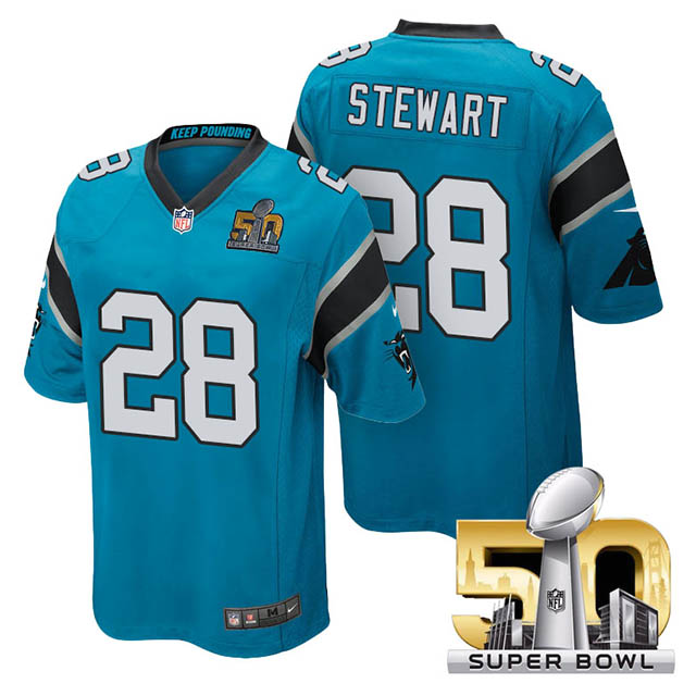 Youth Carolina Panthers #28 Jonathan Stewart Blue 2016 Super Bowl 50 Game Jersey