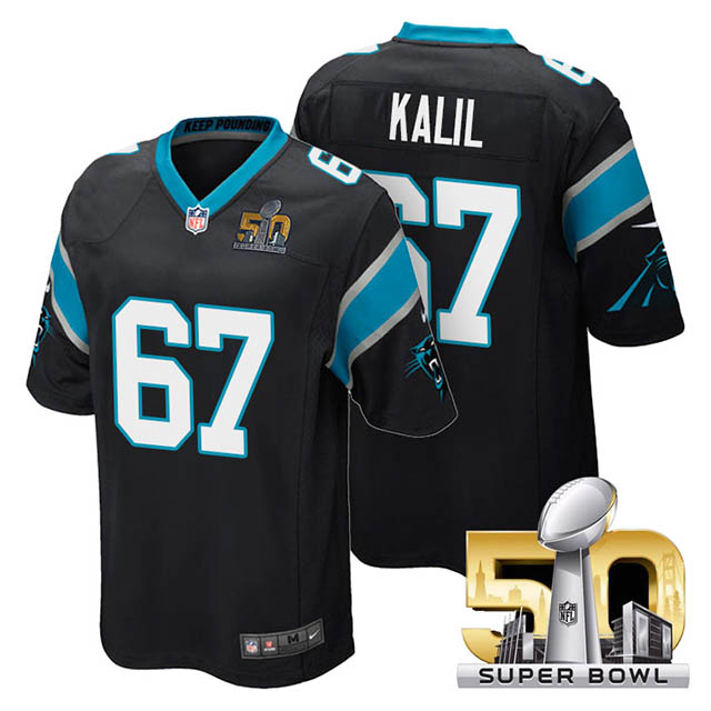 Youth Carolina Panthers #67 Ryan Kalil Black 2016 Super Bowl 50 Game Jersey