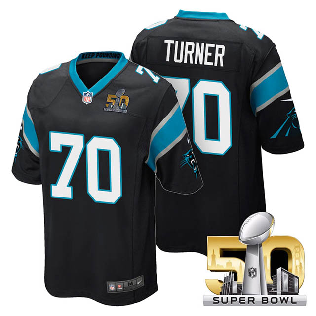 Youth Carolina Panthers #70 Trai Turner Black 2016 Super Bowl 50 Game Jersey