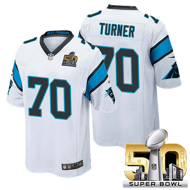 Youth Carolina Panthers #70 Trai Turner White 2016 Super Bowl 50 Game Jersey