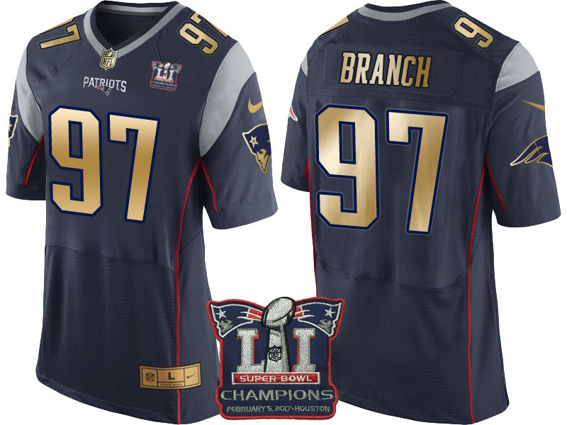 New England Patriots #97 Alan Branch Navy Super Bowl LI Champions Gold Elite Jersey