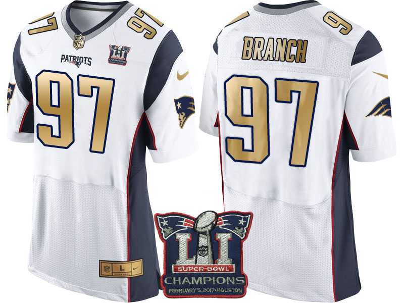 New England Patriots #97 Alan Branch White Super Bowl LI Champions Gold Elite Jersey