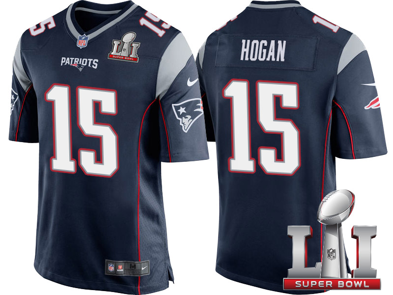 New England Patriots #15 Chris Hogan Navy 2017 Super Bowl 51 Patch Game Jersey