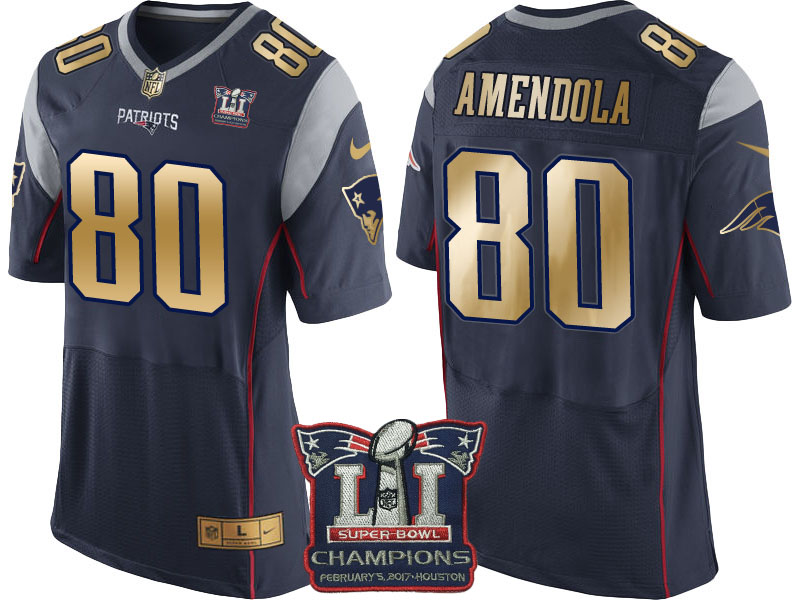 New England Patriots #80 Danny Amendola Navy Super Bowl LI Champions Gold Elite Jersey