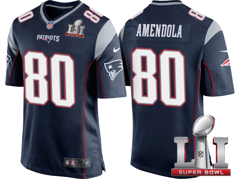 New England Patriots #80 Danny Amendola Navy 2017 Super Bowl LI Patch Game Jersey