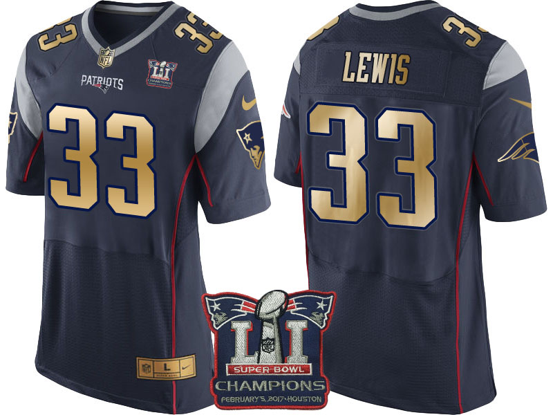 New England Patriots #33 Dion Lewis Navy Super Bowl LI Champions Gold Elite Jersey