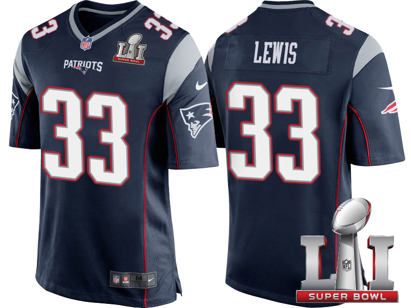 New England Patriots #33 Dion Lewis Navy 2017 Super Bowl LI Patch Game Jersey