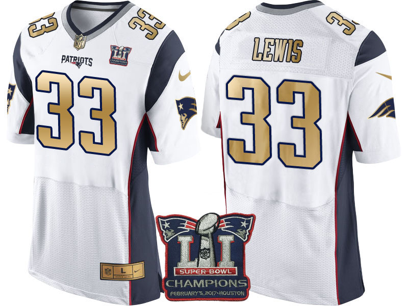 New England Patriots #33 Dion Lewis White Super Bowl LI Champions Gold Elite Jersey