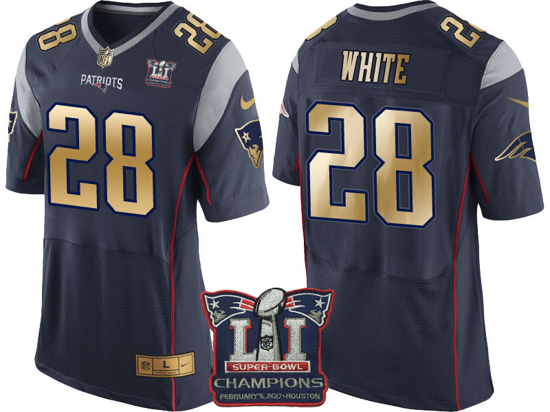 New England Patriots #28 James White Navy Super Bowl LI Champions Gold Elite Jersey