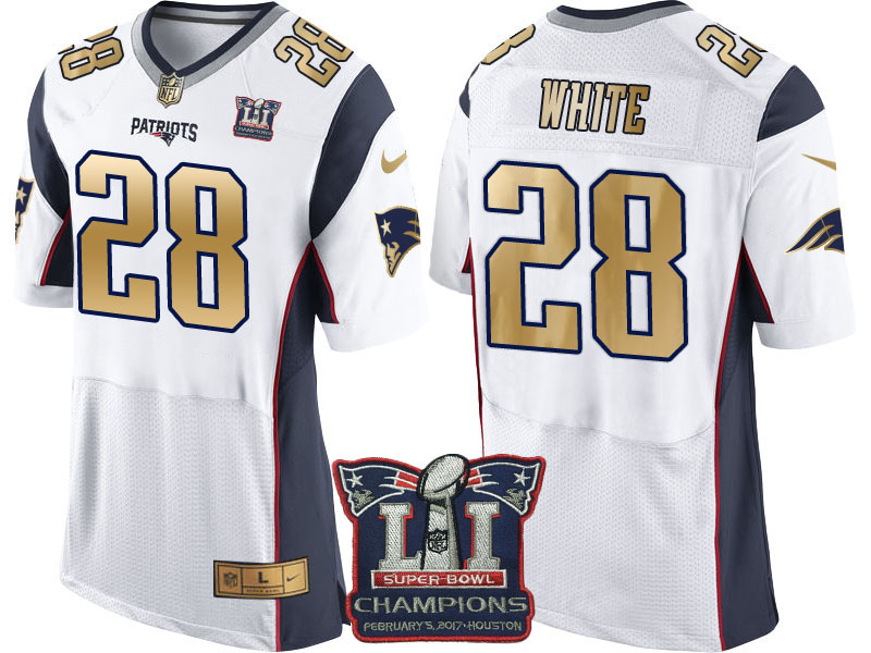 New England Patriots #28 James White White Super Bowl LI Champions Gold Elite Jersey