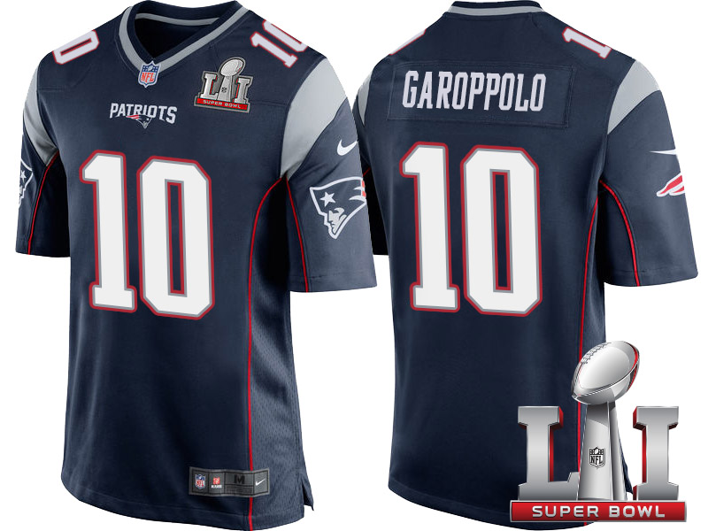 New England Patriots #10 Jimmy Garoppolo Navy 2017 Super Bowl LI Patch Game Jersey