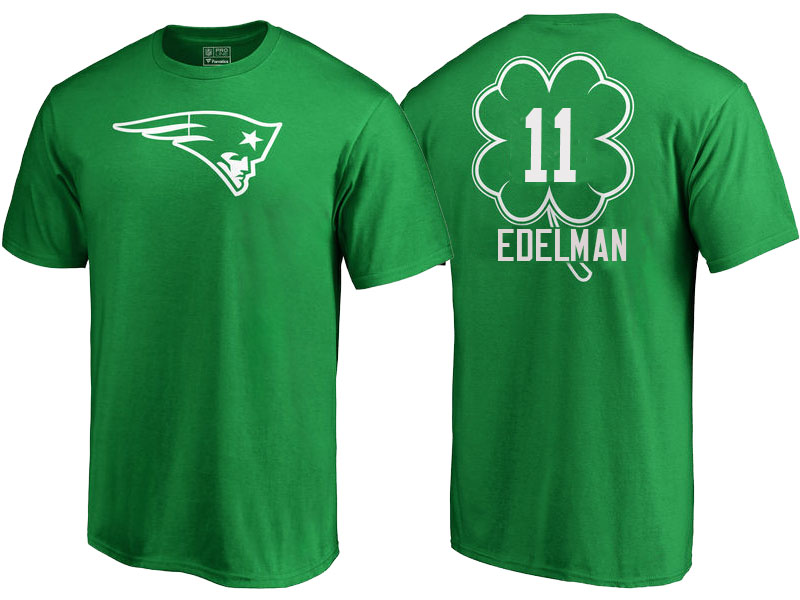 New England Patriots #11 Julian Edelman Kelly Green St. Patrick's Day Name & Number T-Shirt