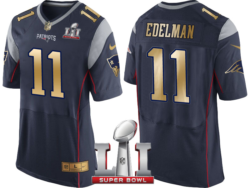 New England Patriots #11 Julian Edelman Navy Super Bowl LI Champions Gold Elite Jersey